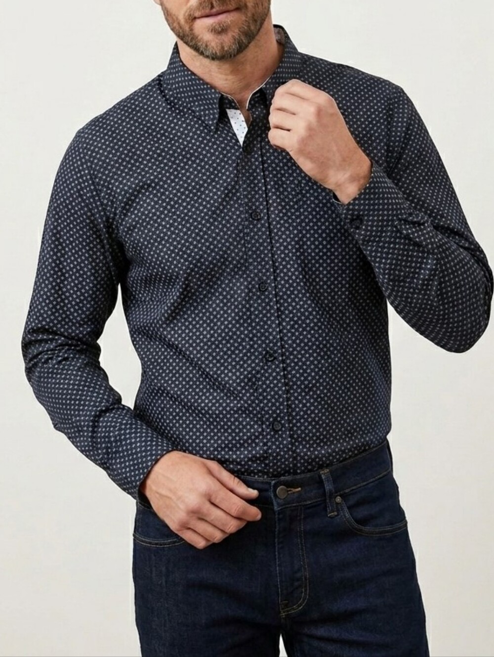 Men's Navy Micro-Pattern Button-Down Shirt